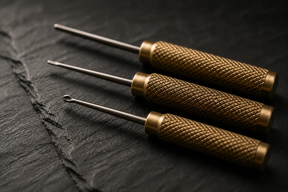 Three brass-handled fly tying tools laid side by side on dark slate