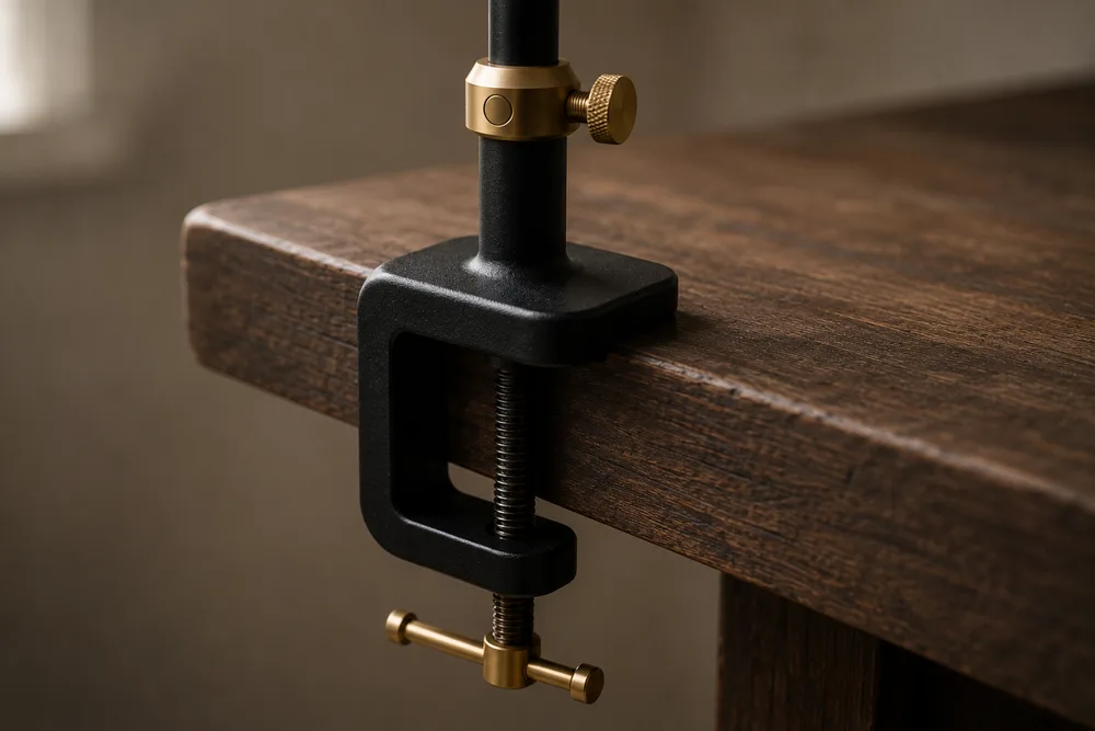 The Tailwater rotary vise clamped to the edge of a wooden desk on its C-clamp base, thread spools and tools beside it