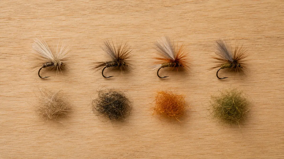 Four finished dry flies lined up on a wooden bench beside tufts of dubbing in matching colors
