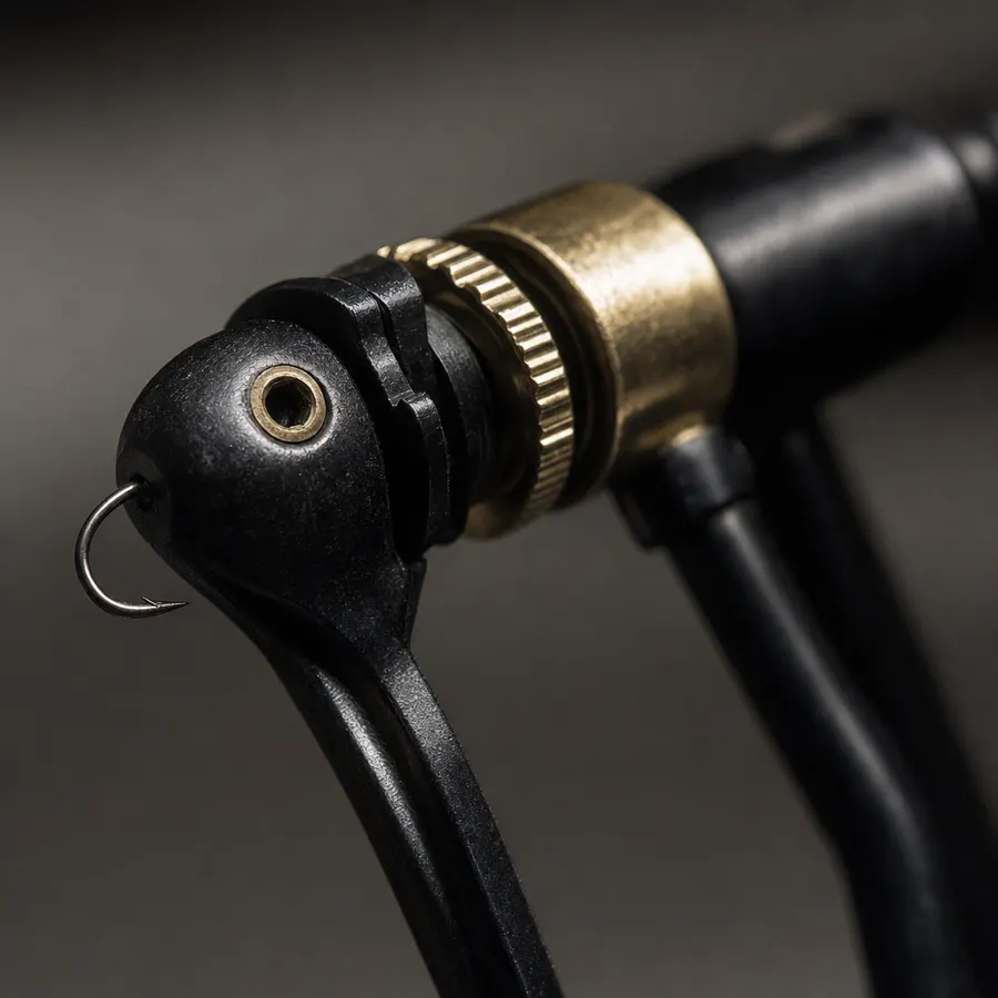 Close-up of hardened-steel rotary jaws on a fly tying vise holding a hook