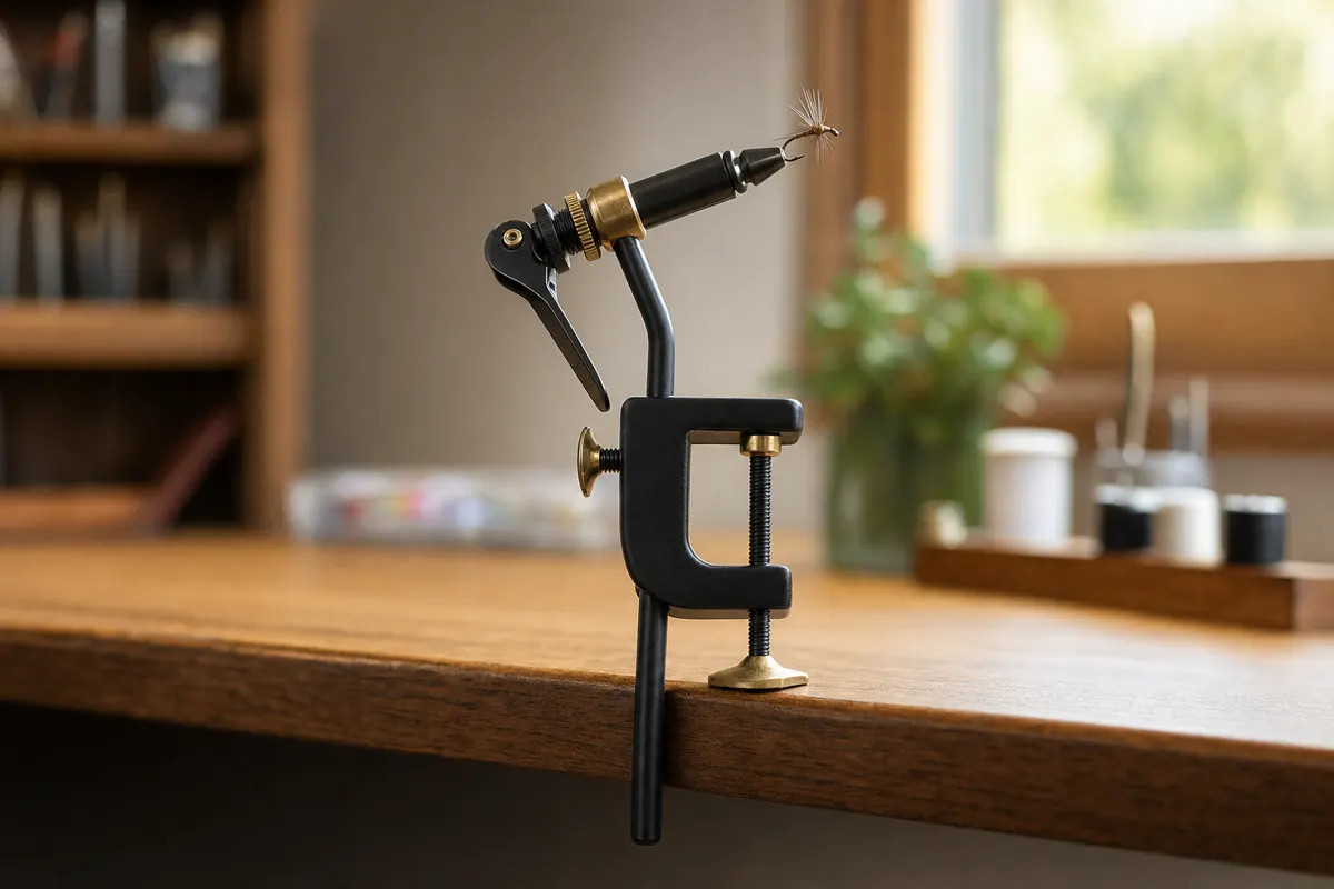 Rotary fly tying vise set up on a desk, ready to tie