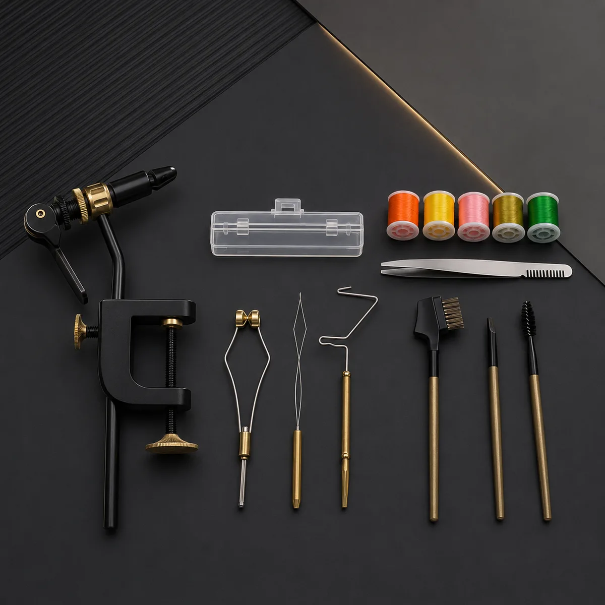 Complete Fly Tying Kit — Vise + bobbin holder, tools, tweezers, 5 thread spools