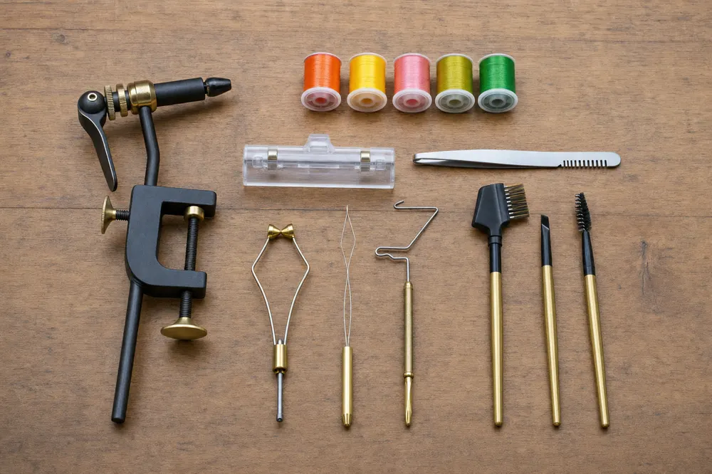 Tailwater Complete Fly Tying Kit contents: vise, hand tools and five thread spools
