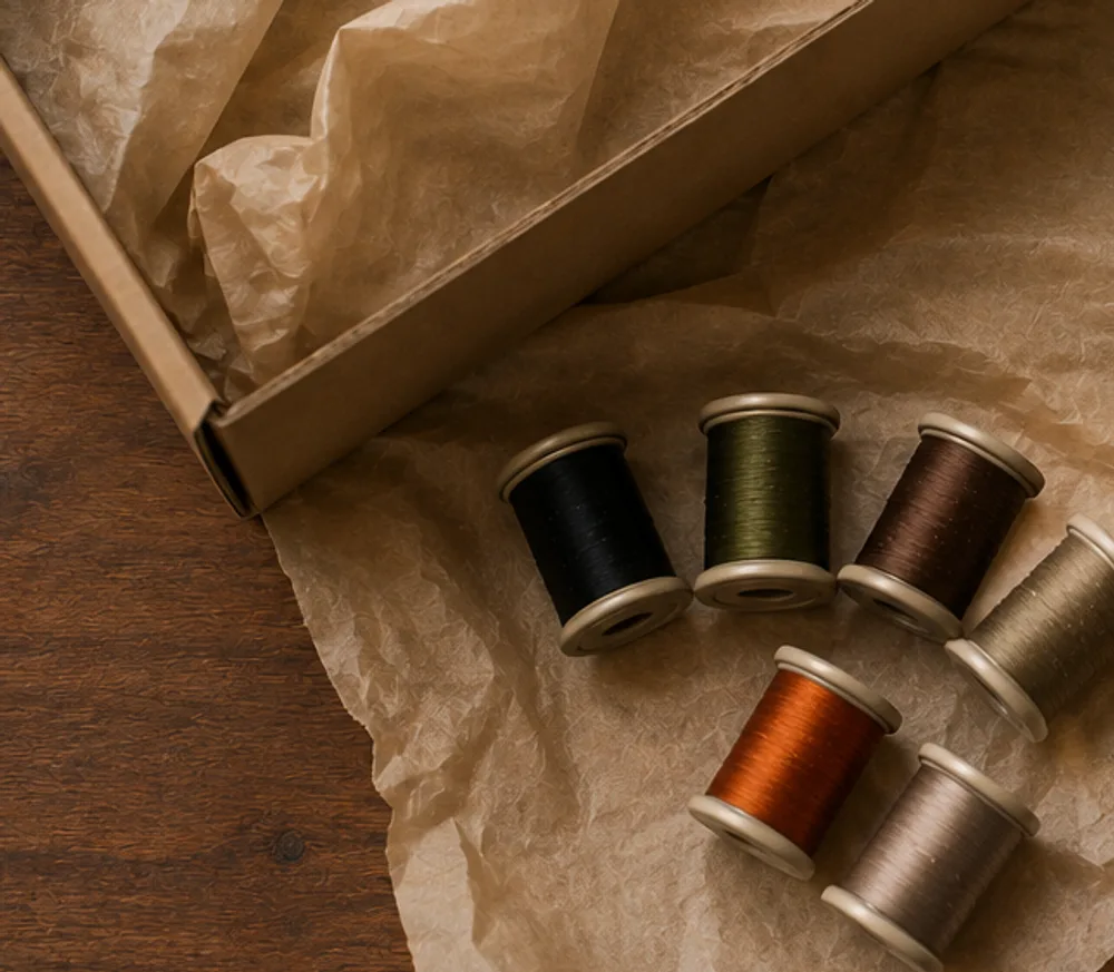 Plain kraft box opened on tissue paper with thread spools lifted out beside it