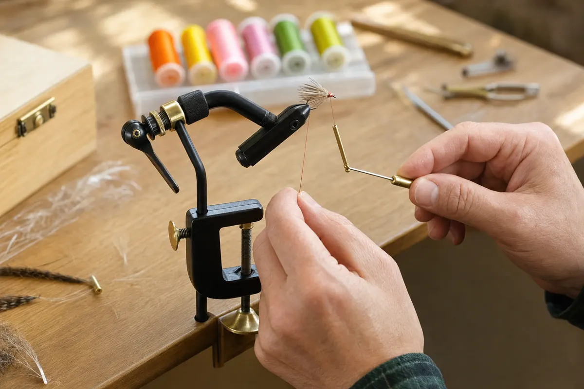Tying a Woolly Bugger fly in a rotary vise clamped to a desk