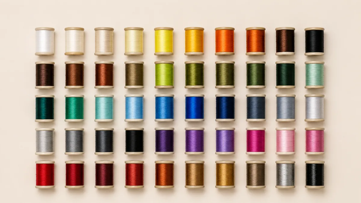 Fly tying thread spools laid out as a color chart, from whites and yellows through greens, blues and reds