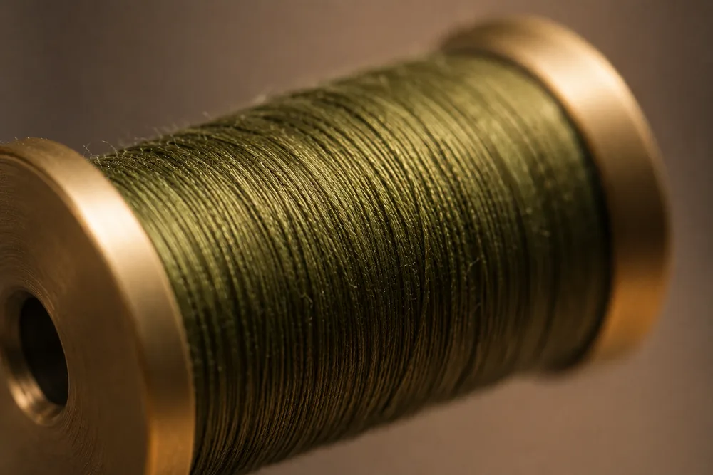 Close view of fine olive fly tying thread wound on a brass-flanged spool