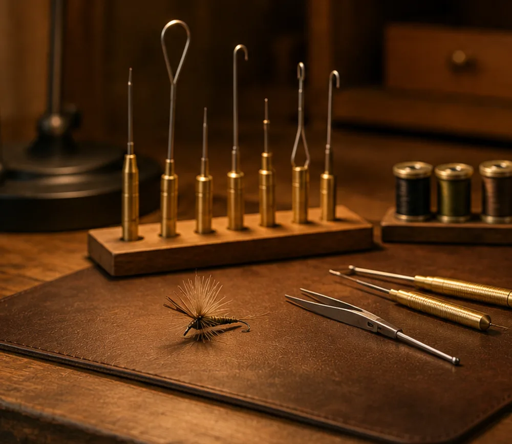 Brass-handled tying tools upright in a wooden rack on a tying bench, a finished fly and thread spools alongside