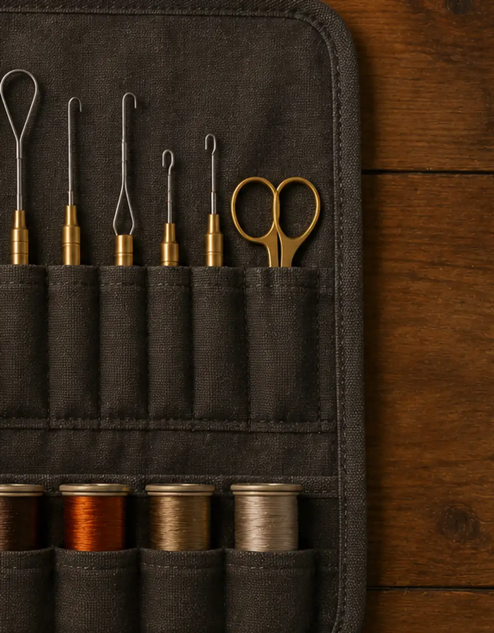 Tying tools and thread spools slotted into the pockets of a canvas tool roll on a wooden table