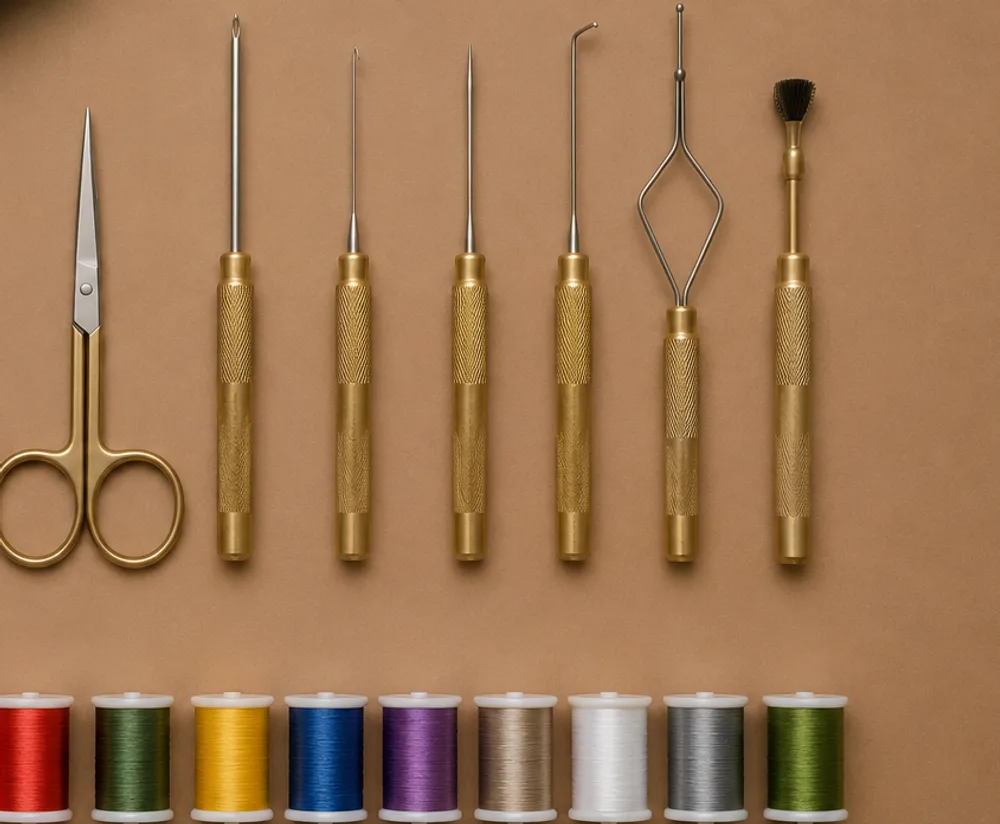 Fly tying tools laid in a row above a line of thread spools in ten colors