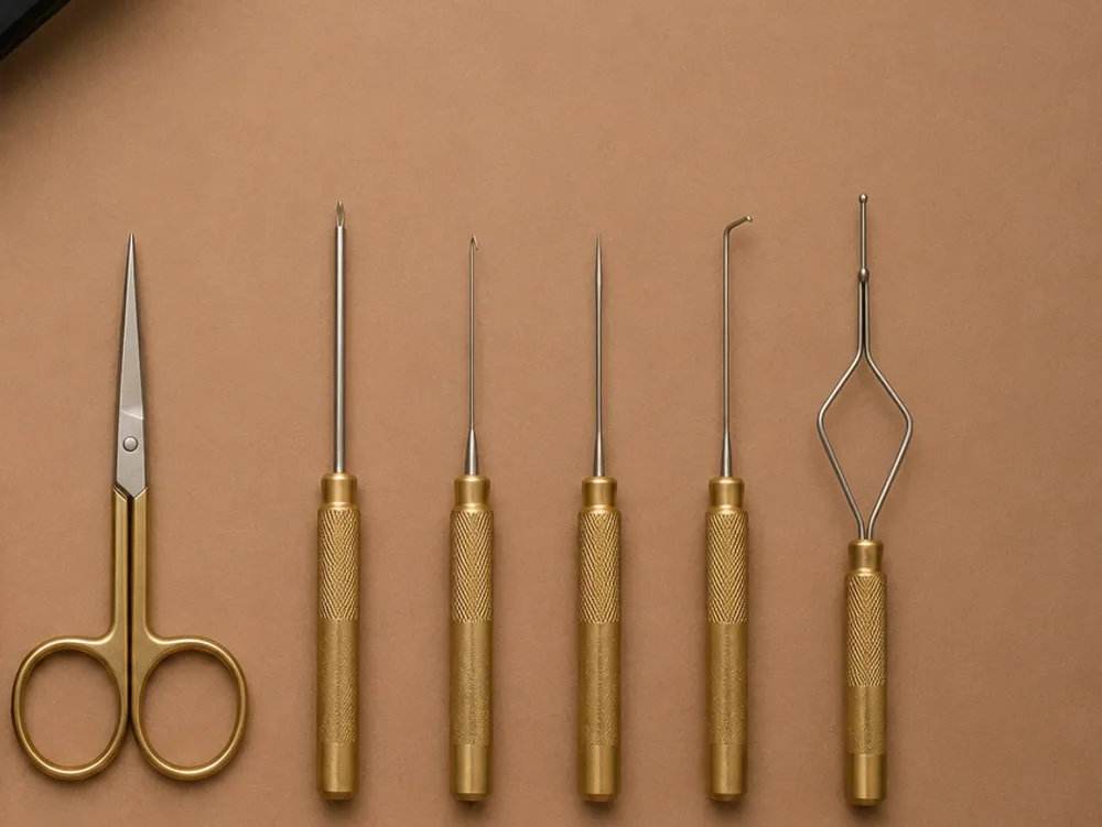 Fine-point scissors and brass-handled fly tying tools laid out in a row on a plain backdrop